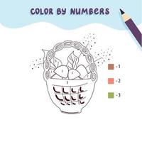 Farbe niedlichen Korb mit Pilzen durch Nummer pädagogisches Mathe-Spiel für Kinder Malvorlagen vektor