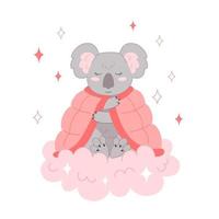 Koala bedeckte sich mit einer Decke und schläft auf einer Wolkenbabytierillustration für Kinderzimmer vektor