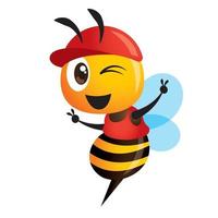 Karikatur niedliche Biene, die rote Kappe trägt, die Siegeshandzeichen zeigt vektor