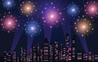 Skyline der Stadtnacht mit Feuerwerksfestivalszene vektor