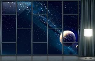 Weltraumszene und Planeten vor offenem Fenster vektor