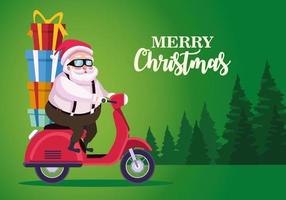 niedlicher Weihnachtsmann mit Geschenken im Motorrad in der Waldlandschaftsszene vektor