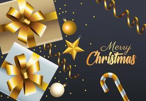 Frohe frohe Weihnachten goldene Beschriftung mit Geschenken und Konfetti vektor