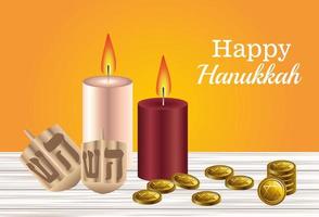 glückliche Chanukka-Festkarte mit Dreideln und Kerzen vektor