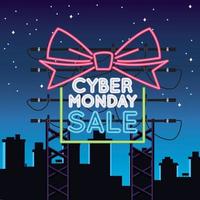 Cyber Montag Verkauf Neonlicht mit Geschenk auf der Stadt vektor