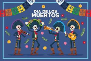 dia de los muertos beschriftungskarte mit skeletten mariachis und girlanden vektor