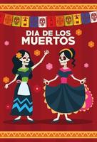 dia de los muertos firande kort med skelett flickor och kransar vektor