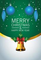 fröhliche frohe Weihnachten-Beschriftungskarte mit goldener Glocke und hängenden Kugeln vektor