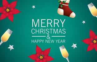 Frohe frohe Weihnachten-Beschriftungskarte mit Blumen und Champagnerbechern vektor