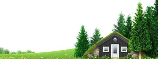 landskap gröna kullar berg skog med alpint hus vektor