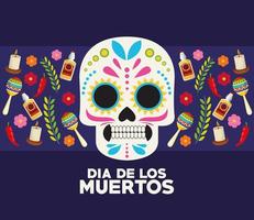 Dia de los Muertos Feierplakat mit Schädelkopf und Set-Ikonen vektor