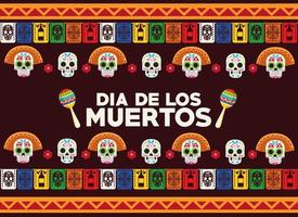 Dia de los Muertos Feierplakat mit Schädelköpfen Gruppe und Maracas vektor