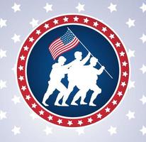 glückliche Veteranentagfeier mit Soldaten, die USA-Flagge im kreisförmigen Rahmen der Stange heben vektor