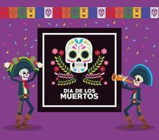 dia de los muertos firande kort med skelett mariachis och kransar vektor