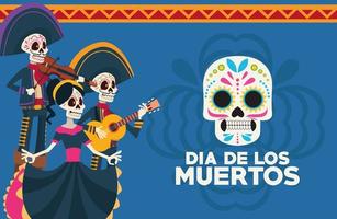 Dia de los Muertos Feierkarte mit Skelettgruppe und Schädel gemalt vektor