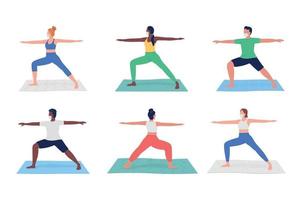 yogaklass under pandemi platt färgvektor ansiktslös teckenuppsättning vektor