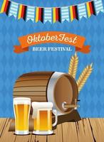 fröhliches oktoberfest feierfass mit biergläsern und girlanden vektor