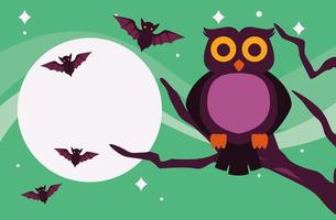 glückliche Halloween-Feierkarte mit Eulen- und Fledermausszene vektor
