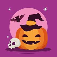 glückliche Halloween-Feierkarte mit Kürbis und Schädel vektor
