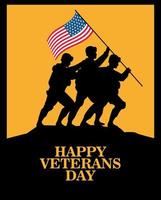 glad veteransdag firande med soldater som lyfter usa flagga i pol siluett vektor
