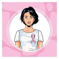Brustkrebs-Bewusstseinsmonat mit Frau und rosa Band vektor