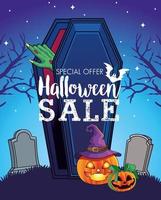 Saisonale Plakate des Halloween-Verkaufs mit der Hand, die vom Sarg im Friedhof kommt vektor