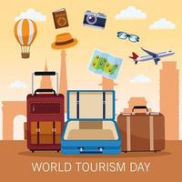 Welttourismus-Tag-Beschriftungsfeier mit festgelegten reisenden Ikonen vektor