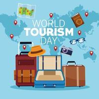 Welttourismus-Tag-Beschriftungsfeier mit Erdkarten und festgelegten Symbolen vektor
