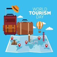 Welttourismus Tag Beschriftungsfeier mit Papierkarte und Koffern vektor