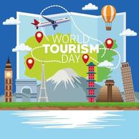 Welttourismus-Tag-Beschriftungsfeier mit Papierkarte und Denkmälern vektor