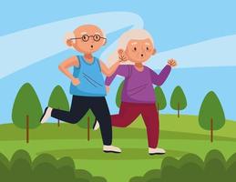 altes Ehepaar läuft im Park aktive Seniorencharaktere vektor