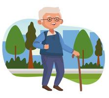alter Mann, der mit Stock im aktiven Seniorencharakter des Parks geht vektor