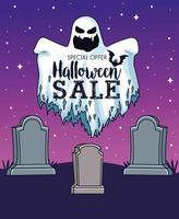 saisonales Plakat des Halloween-Verkaufs mit Geist im Friedhof vektor