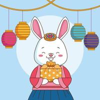 glückliche Chuseok-Feier mit Hasenhebegeschenk und hängenden Laternen vektor