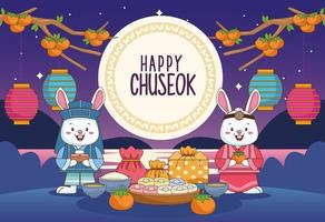glückliche Chuseok-Feier mit Kaninchenpaar und Nahrungsmittelszene vektor
