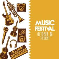 Musikfestivalplakat mit Instrumenten und Schriftzug vektor