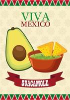 Viva Mexico Schriftzug und mexikanisches Essen Poster mit Avocado und Guacamole vektor