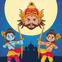 Happy Dussehra Festival Poster mit zwei Rama- und Ravana-Charakteren vektor