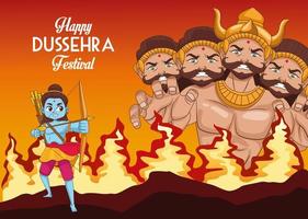Happy Dussehra Festival Poster mit zehnköpfigem Ravana und Rama Blue on Fire vektor