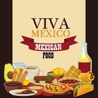 Viva Mexico Schriftzug und mexikanisches Essen Poster mit Tequila und Menü vektor