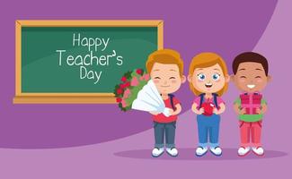 Happy Teacher Day Szene mit Schülerkindern und Tafel chalk vektor
