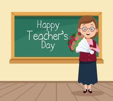 Happy Teacher Day Szene mit Lehrer und Blumen im Klassenzimmer vektor