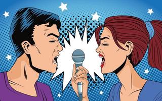 ungt par som sjunger med mikrofontecken popkonststil vektor