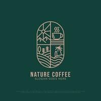 natur kaffe logotyp design vektor, årgång utomhus- kaffe logotyp illustration med översikt stil, bäst för restaurang, drycker logotyp varumärke vektor