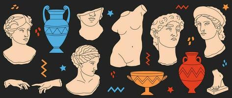 mythisch, uralt griechisch Stil. Antiquität Statuen von Frauen und Männer, Vasen, und Skulpturen von Körper Teile auf dunkel Hintergrund. vektor
