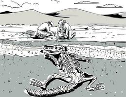 arkeolog grävning upp fossil av förhistorisk dinosaurie serier stil teckning vektor