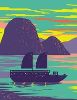 Ha lange Bucht oder Halong Bucht mit Müll Boot Vietnam wpa Kunst Deko Poster vektor