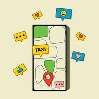 Telefon mit App Taxi auf Bildschirm und dekorativ Design Elemente. Vektor Illustration im eben Stil