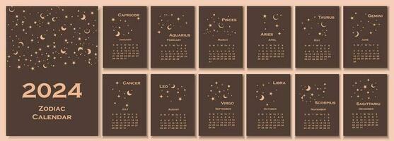 2024 kalender. kalender begrepp design med konstellation av de zodiaken. vektor illustration. uppsättning av 12 kalender sidor.