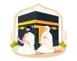 islamic hajj pilgrimsfärd. en man och kvinna hajj pilgrim bär Ihram kläder med en kaaba bakgrund. vektor illustration i platt stil